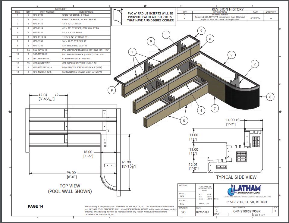 8' Straight Step Polymer 90 Deg. 3-Tread 6" Radius w/ Right Bench